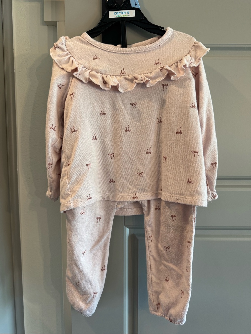 Modern moments Light Pink Ruffle Collar Girls' pant Set with Bow Print